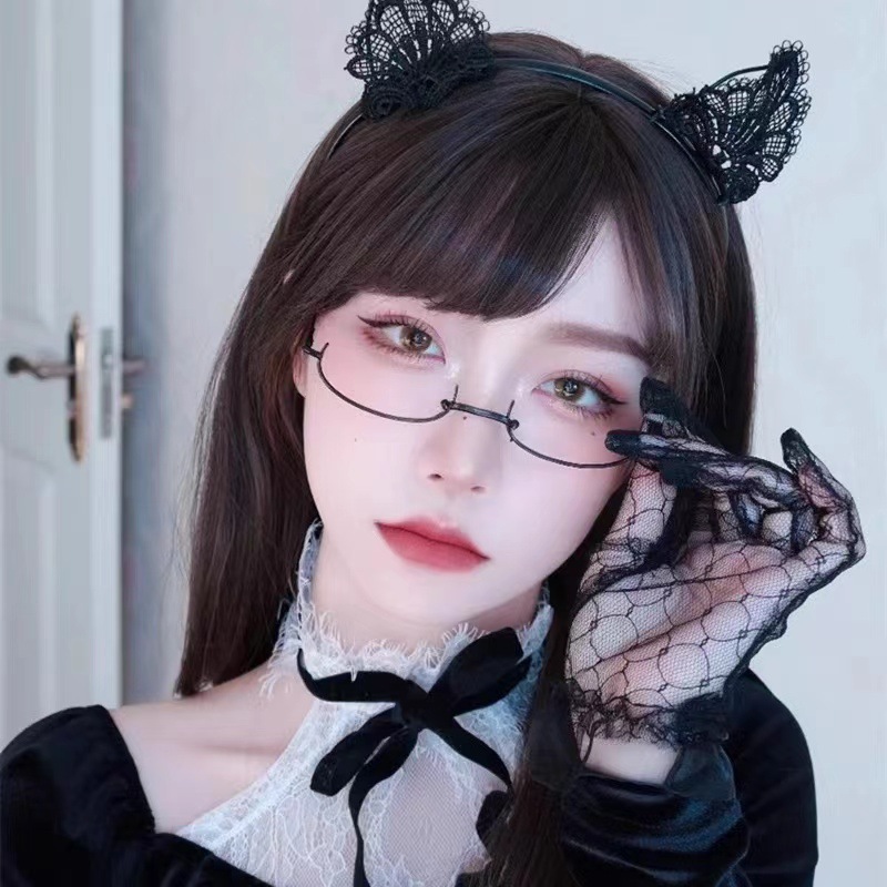 新款纯欲半框无镜片框架眼镜ins文艺软妹装饰镜凹型链条吊坠镜架
